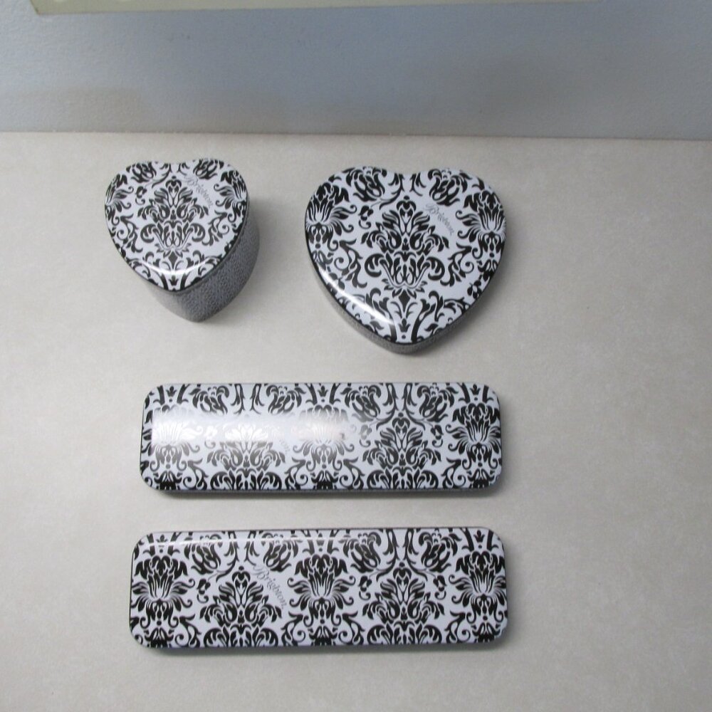BRIGHTON METAL TIN BLACK & WHITE DAMASK SET of 4 JEWELRY OFFICE STORAGE - Picture 2 of 8